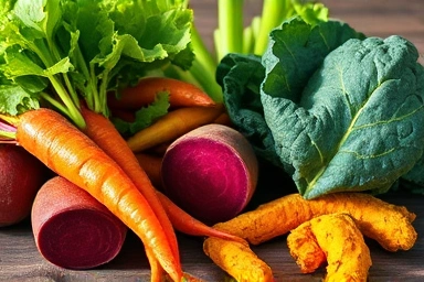 Fresh ingredients for liver detox juice: beets, carrots, celery, kale, turmeric.
