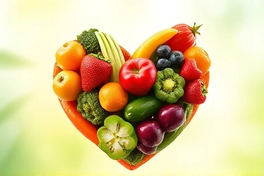 Healthy heart symbol made of fruits and vegetables.