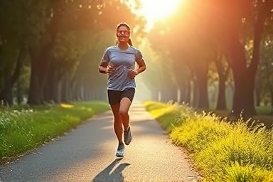 Person jogging energetically on a scenic path.