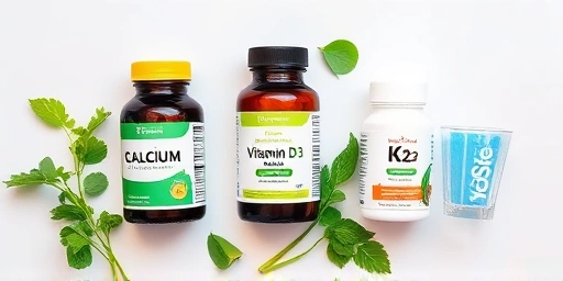 Bone health supplements, vitamins, and healthy foods.