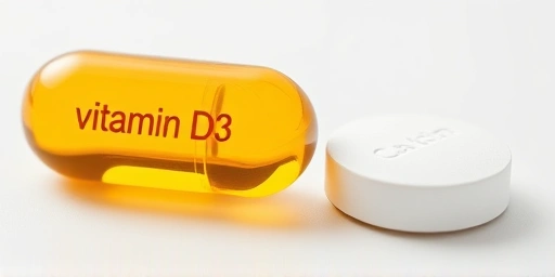 Close-up of vitamin D3 and calcium supplements.