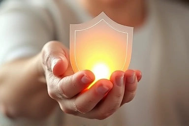 Elderly person's hand protected by a gentle, glowing shield.