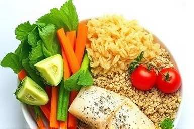 Healthy post-surgery meal with vegetables, fish, and grains.