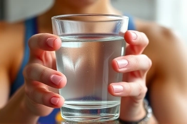 Hydration for recovery: clear water in hand.