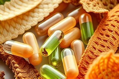 Diverse probiotic capsules and prebiotic fibers for gut health.