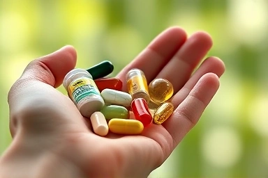 Hand holding diverse health supplement capsules and tablets.
