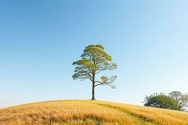 Resilient tree in a peaceful landscape, symbolizing self-esteem.
