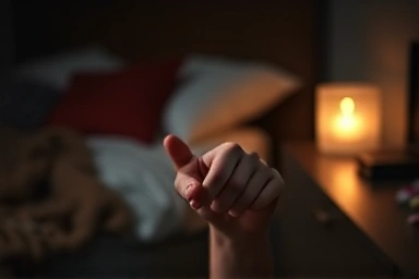 Hand reaching for various sleep aid medications on a nightstand.