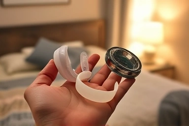 Variety of snoring relief devices held in hand.