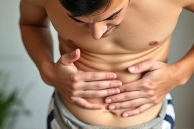 Person experiencing stomach cramp relief with first aid.