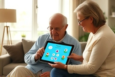 Elderly person recovering cognitive function with tablet and family support.