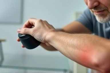 Person with elbow pain from computer use.