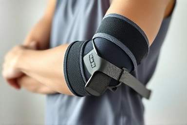 Close-up of adjustable elbow brace for pain relief.