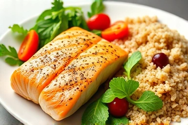 Healthy meal with salmon, salad, and brown rice.