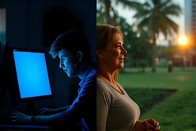 Stressed office worker vs. relaxed professional enjoying life.