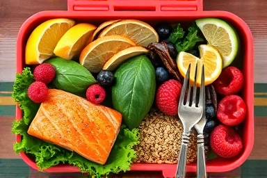 Vibrant antioxidant lunchbox with salmon, berries, and greens.