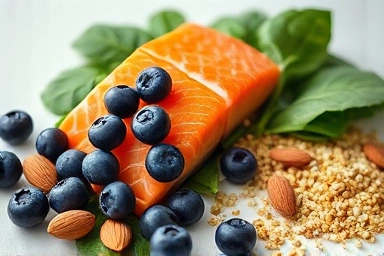 Close-up of antioxidant-rich ingredients like blueberries, salmon, and nuts.