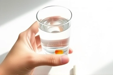 Healthy L-arginine capsule with water, symbolizing safe supplementation.
