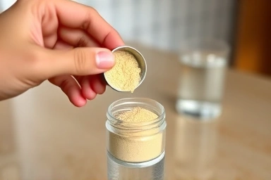 Measuring ashwagandha powder, health supplement, daily routine, natural remedy