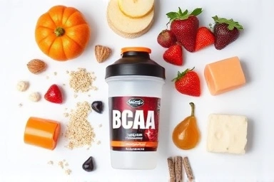 BCAA supplement, shaker, and healthy post-workout meal.