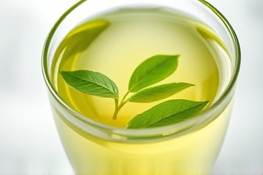 Refreshing glass of pure green tea with leaves.