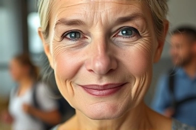 Healthy middle-aged person, vitality, clear skin, energetic glow, active lifestyle.