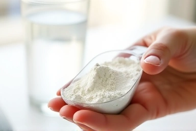 Hand holding creatine powder with water glass