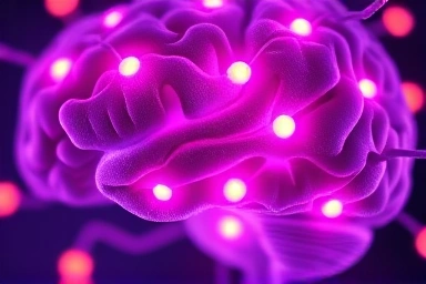 Brain neurons with glowing connections, cognitive function visualization.