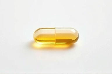 Transparent DHA omega-3 capsule with golden liquid, purity symbol.