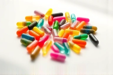 Colorful diet supplement capsules and tablets arranged neatly.