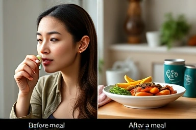 Person taking diet supplement before and after meals.