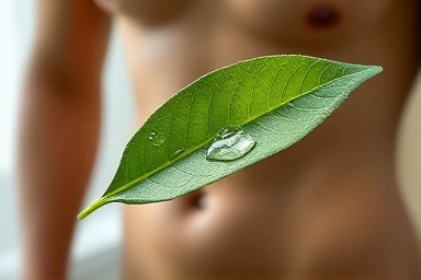 Healthy green leaf with dew drops symbolizing natural extract
