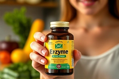Natural enzyme supplements bottle surrounded by healthy foods.
