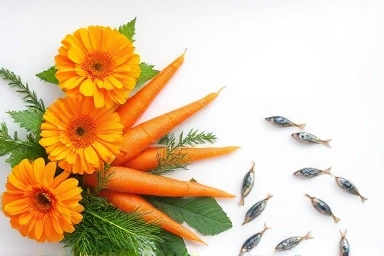 Natural ingredients for eye health: marigold, carrots, greens, fish.