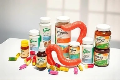 Various probiotic supplements arranged neatly on a white background.