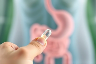 Hand holding a probiotic capsule with abstract healthy gut illustration.