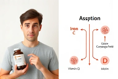 Confused person with iron and calcium supplements, clear absorption paths