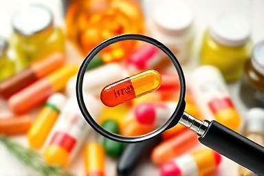 Magnifying glass over iron supplement capsule, symbolizing absorption