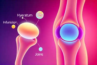 Healthy cartilage and joint illustration with hydration, structure, and inflammation symbols.