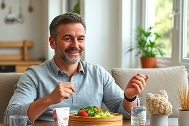 Person enjoying food, relief from digestive discomfort, comfortable.