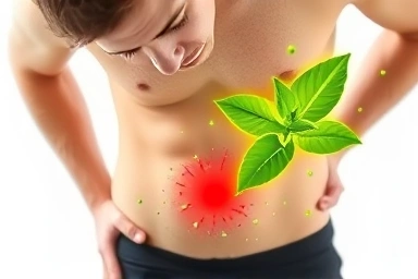Person concerned about visceral fat, with lemon balm symbolizing health.