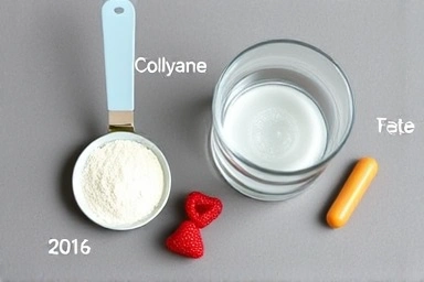 Collagen powder, water, berries, and vitamin C for a healthy supplement routine.