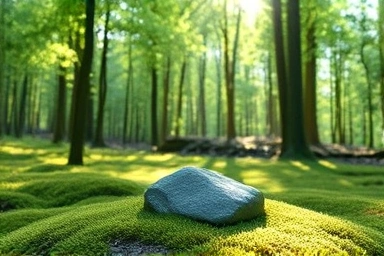 Tranquil forest clearing with a smooth stone symbolizing balance.