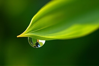 Dewdrop on a green leaf, reflecting soft light, symbolizing calm.