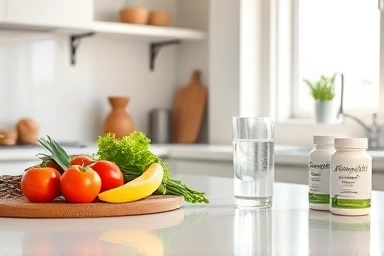 Healthy pregnancy supplements and ingredients on kitchen counter.