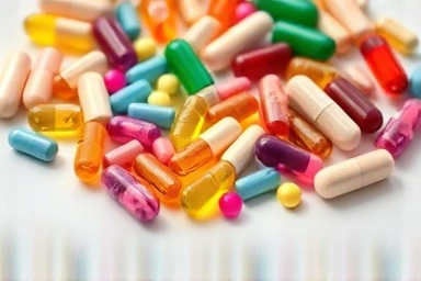 Variety of colorful prenatal vitamin pills and capsules.