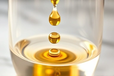 Liquid gold omega-3 oil droplets in water.