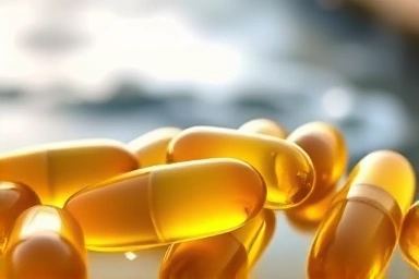 Healthy omega-3 fish oil capsules and flowing water.