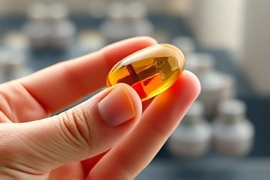 Omega-3 capsule, golden liquid, healthy brain cells, natural supplement