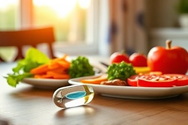 Omega-3 capsule with a healthy meal, symbolizing absorption.
